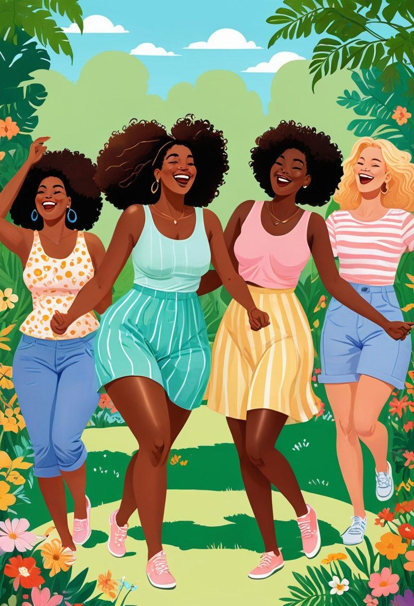 A vibrant and colorful illustration depicting a joyful group of diverse adults of various body types engaging in fun outdoor activities, such as dancing, picnicking, and playing games. The scene should radiate positivity and self-acceptance, with bright flowers and sunshine in the background, conveying a sense of freedom and exuberance. The individuals should be laughing, showcasing their confidence and harmony. A playful, energetic vibe with pastel colors and cheerful details will enhance the theme of body positivity. vector art. vibrant colors.