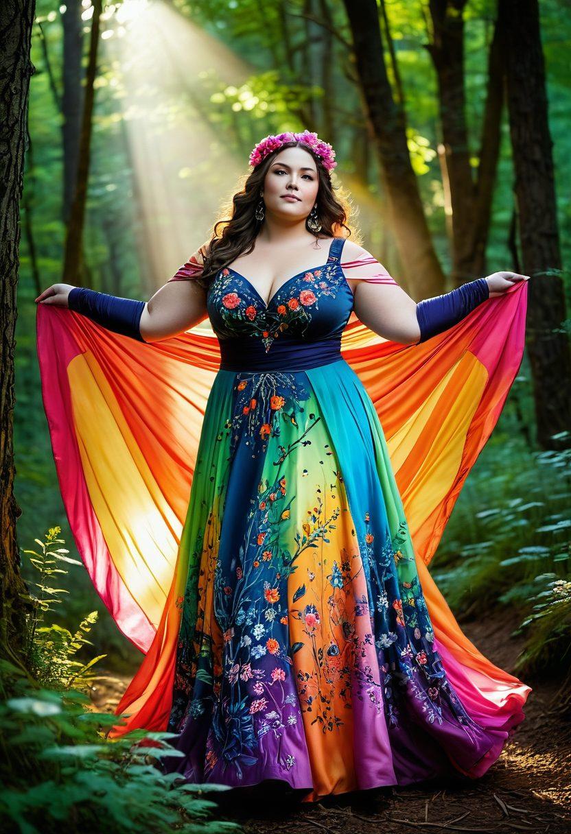 A curvy plus-size woman confidently exploring a lush, vibrant forest, dressed in flowing, colorful attire that accentuates her figure. Surround her with soft glowing lights and delicate flowers, symbolizing pleasure and self-acceptance. Include a sense of adventure with a dynamic posture, as if she's discovering a hidden path. Emphasize warmth and joy in the atmosphere. super-realistic. vibrant colors. whimsical background.