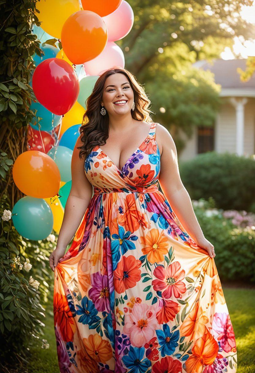 A joyful plus-size woman celebrating her curves, standing confidently in a vibrant, flowing dress that enhances her figure. Surround her with colorful balloons and flowers, symbolizing body positivity and self-love. Include soft sunlight filtering through trees in the background to create a warm, inviting atmosphere. Capture the essence of joy and empowerment with a radiant smile on her face. super-realistic. vibrant colors. soft bokeh background.
